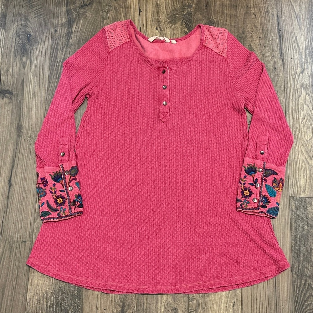 Soft Surrounds Raspberry Pink Waffle Knit Embroidered Henley Tunic Top Large